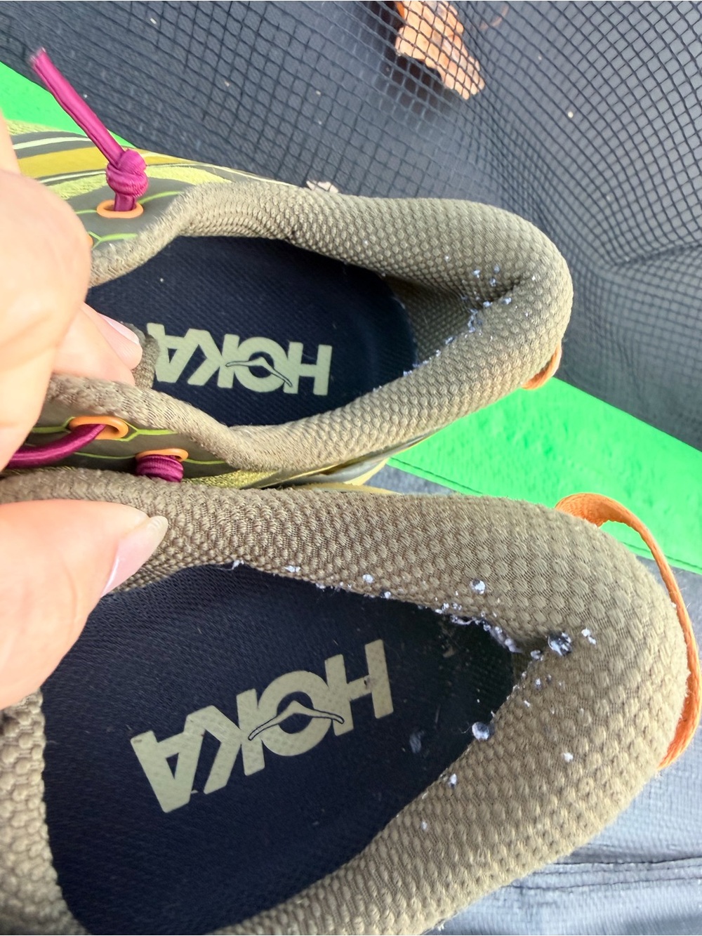 Hoka One One Olive Green Yellow Trail Running Shoes with Burgundy Laces - Picture 6 of 7